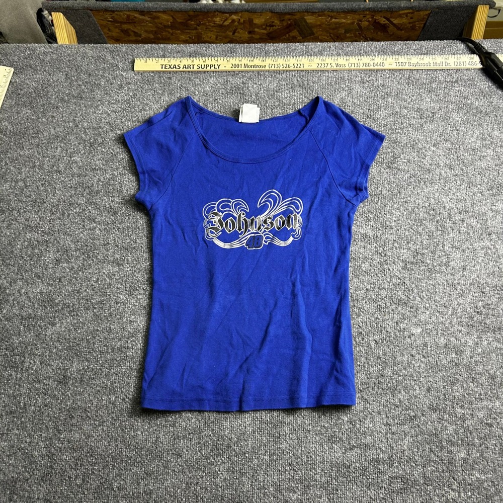Johnson T-Shirt Womens Size L Blue Graphic Cotton Slim Fit Baby Tee